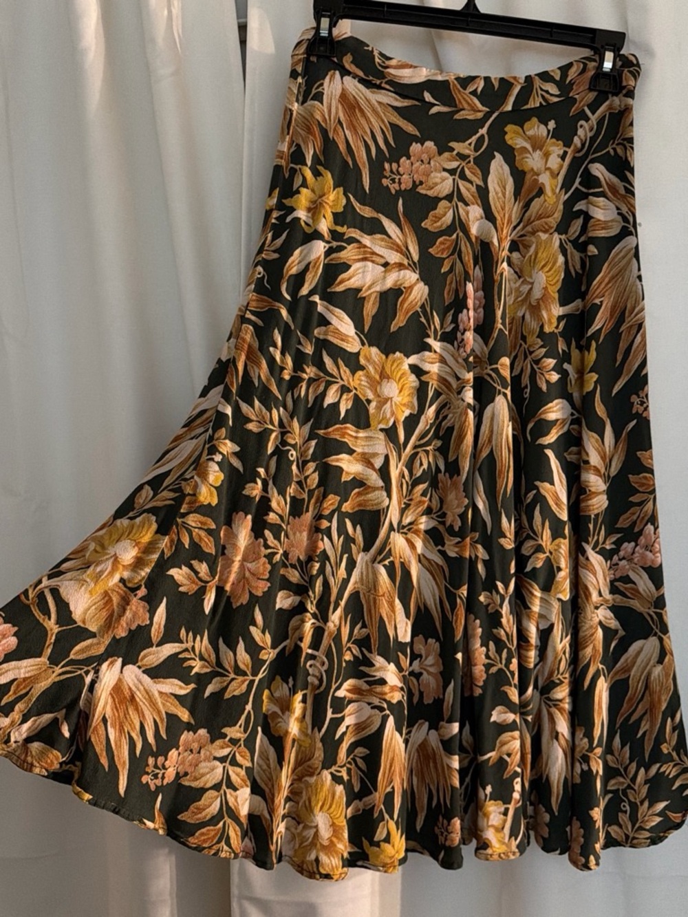 H&M dark green Floral midi Skirt with Mustard & Tan Blooms